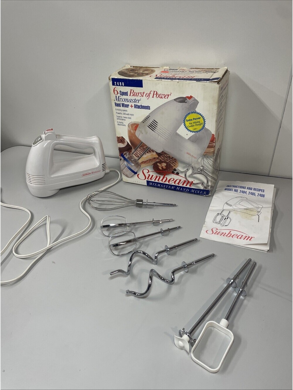 SUNBEAM Mixmaster Hand Mixer 6 Speed w/ 5 Attachments Model 2486 1994 VTG Tested